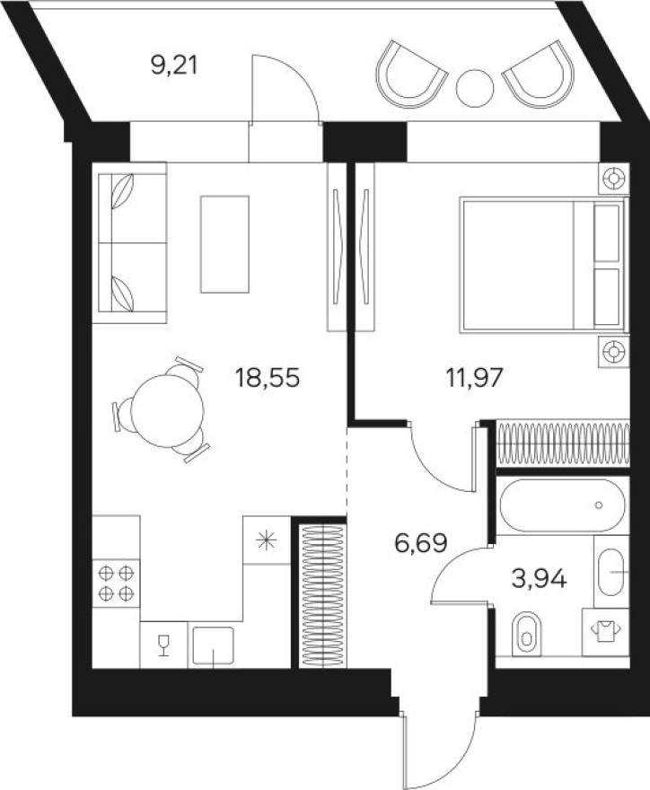 1к. квартира, 44.0 м²