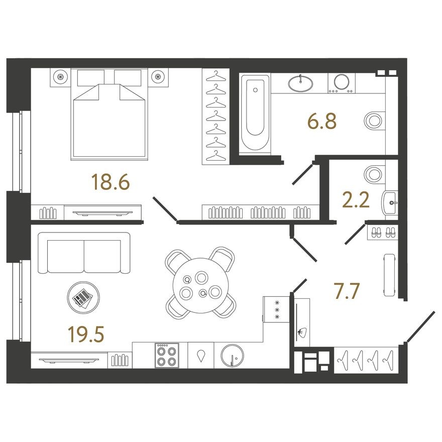 1к. квартира, 54.9 м²