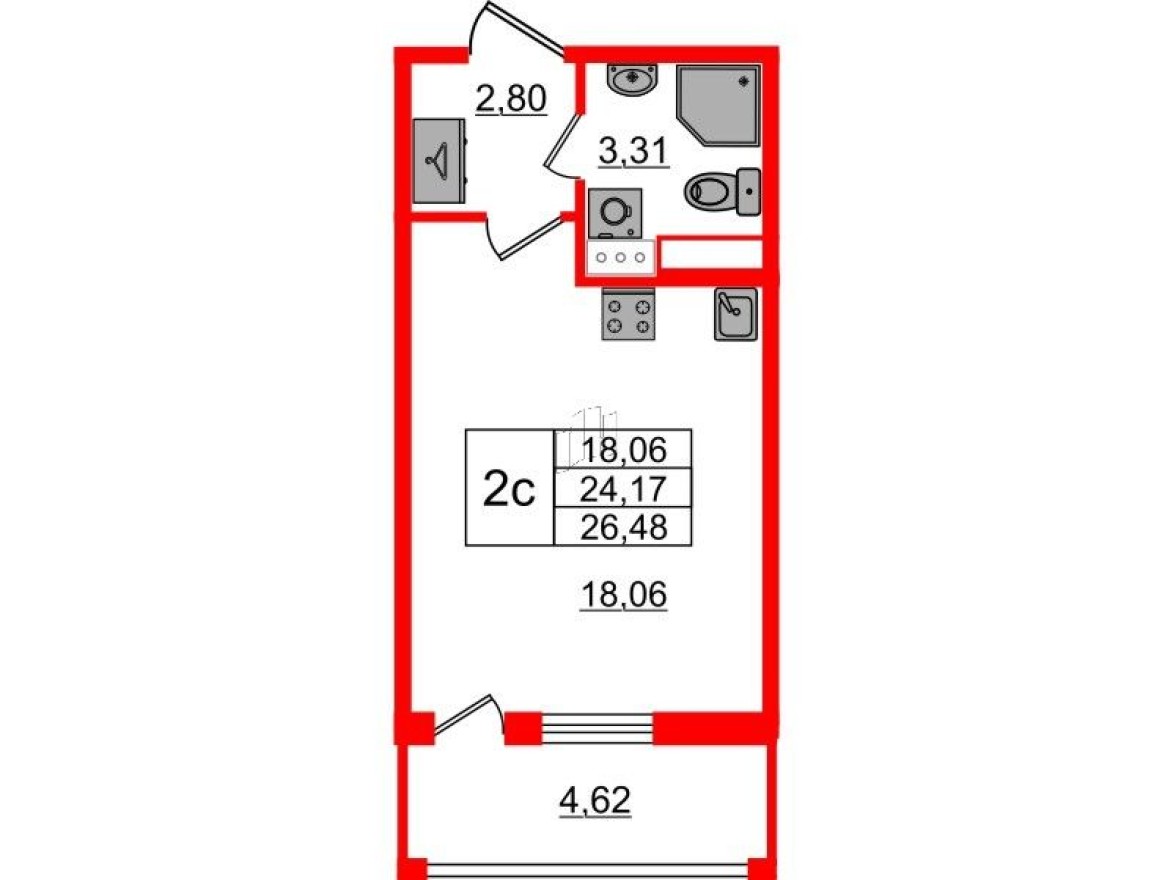 Студия-квартира, 24.2 м²