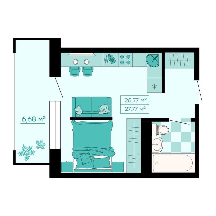 1к. квартира, 27.8 м²