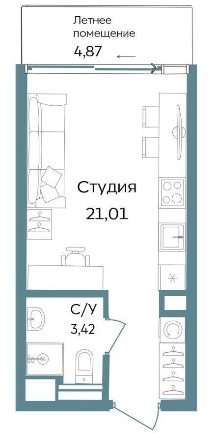 Студия-апартаменты, 29.3 м²