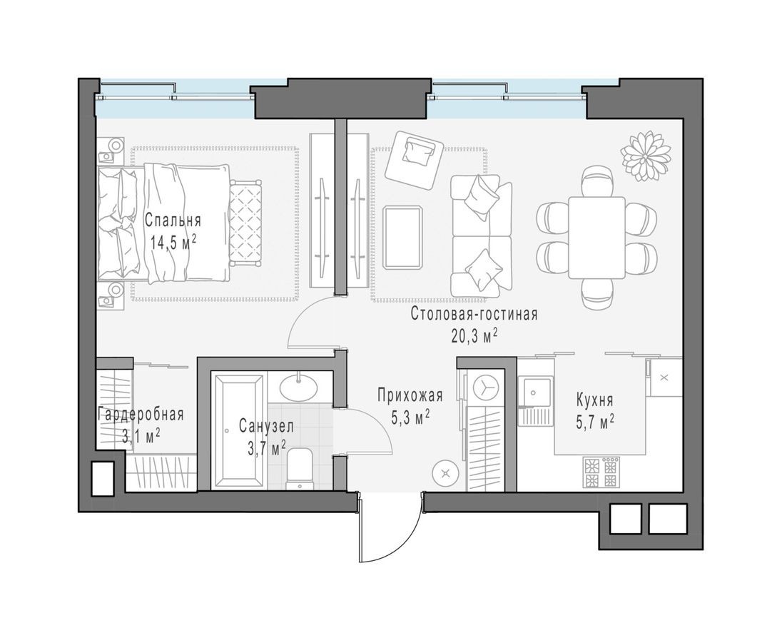 1к. квартира, 54.9 м²