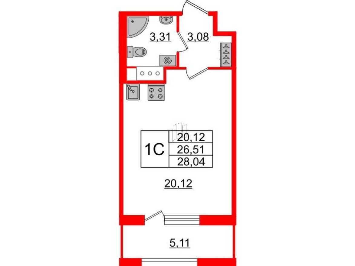 Студия-квартира, 26.4 м²