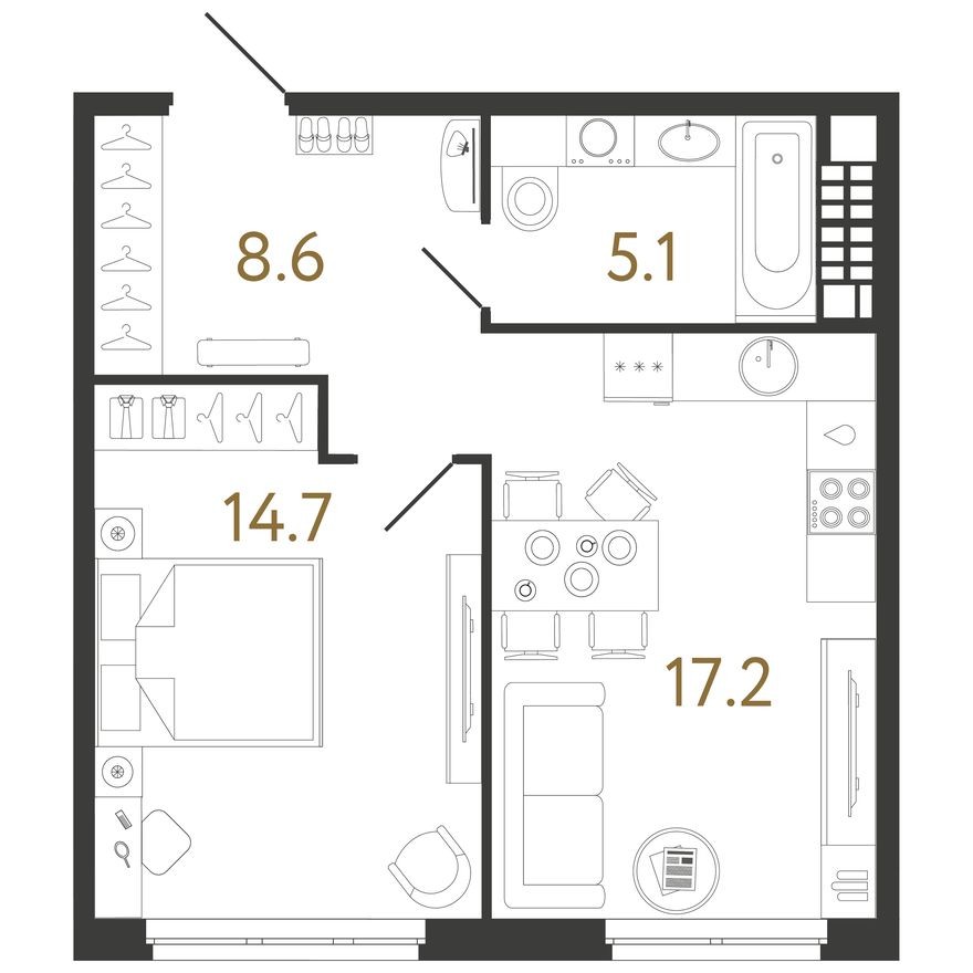 1к. квартира, 45.6 м²