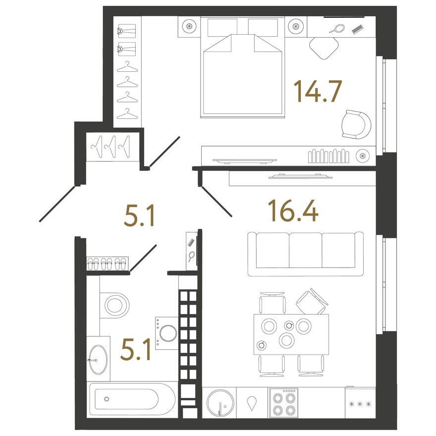 1к. квартира, 41.3 м²