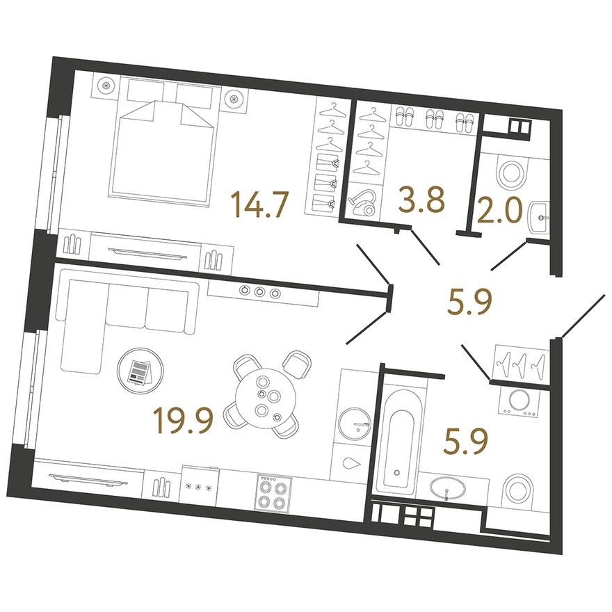 1к. квартира, 52.2 м²