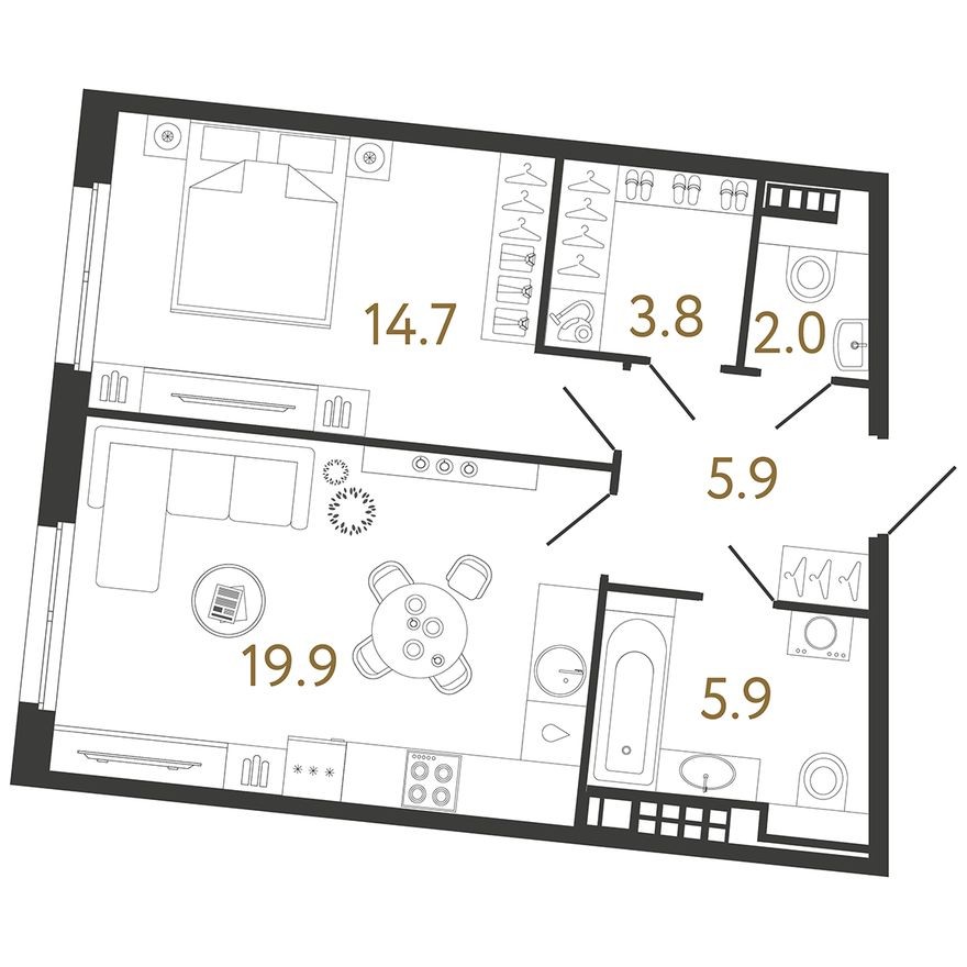 1к. квартира, 52.2 м²