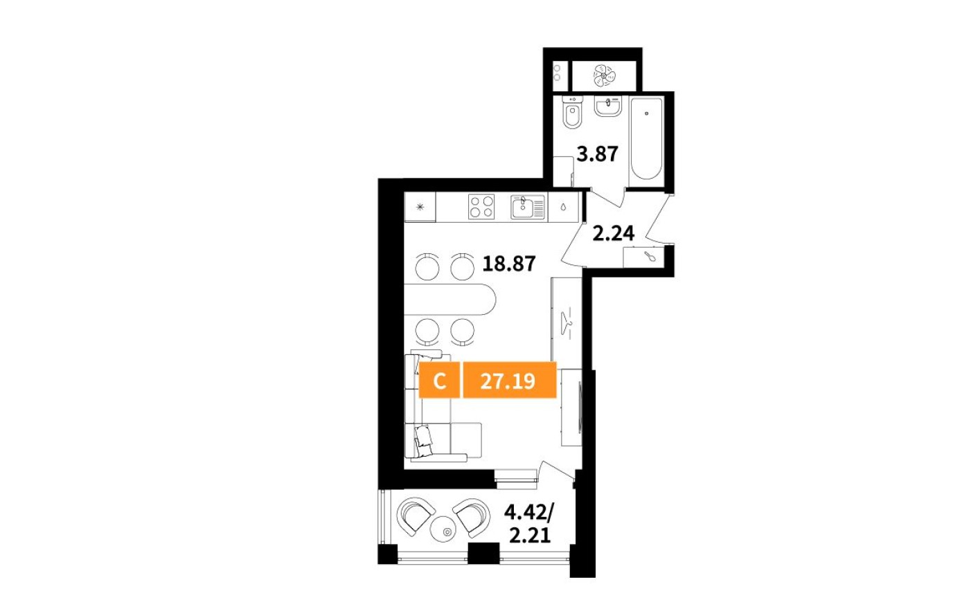 Студия-квартира, 27.2 м²