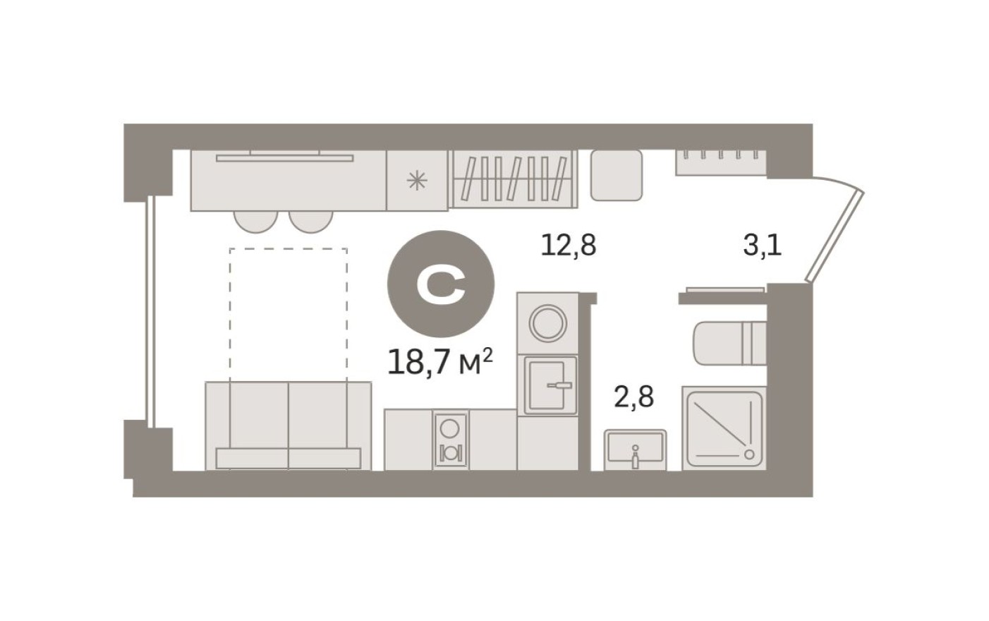 Студия-квартира, 18.7 м²