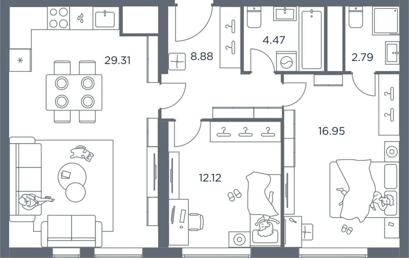 2к. квартира, 74.7 м²