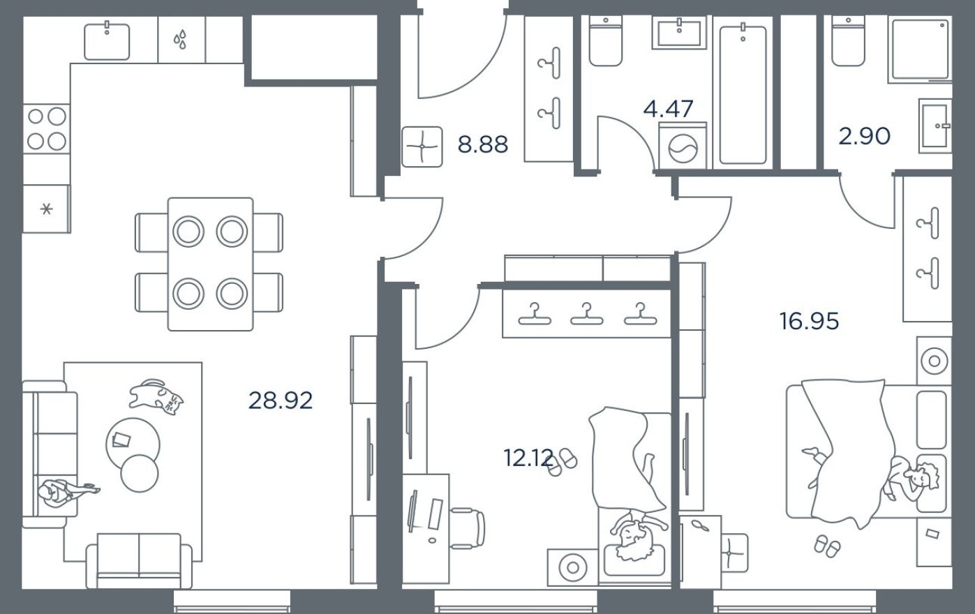 2к. квартира, 74.1 м²