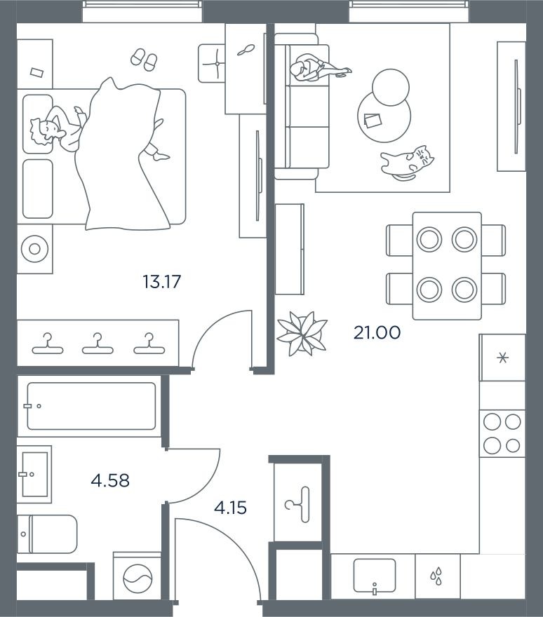 1к. квартира, 43.0 м²