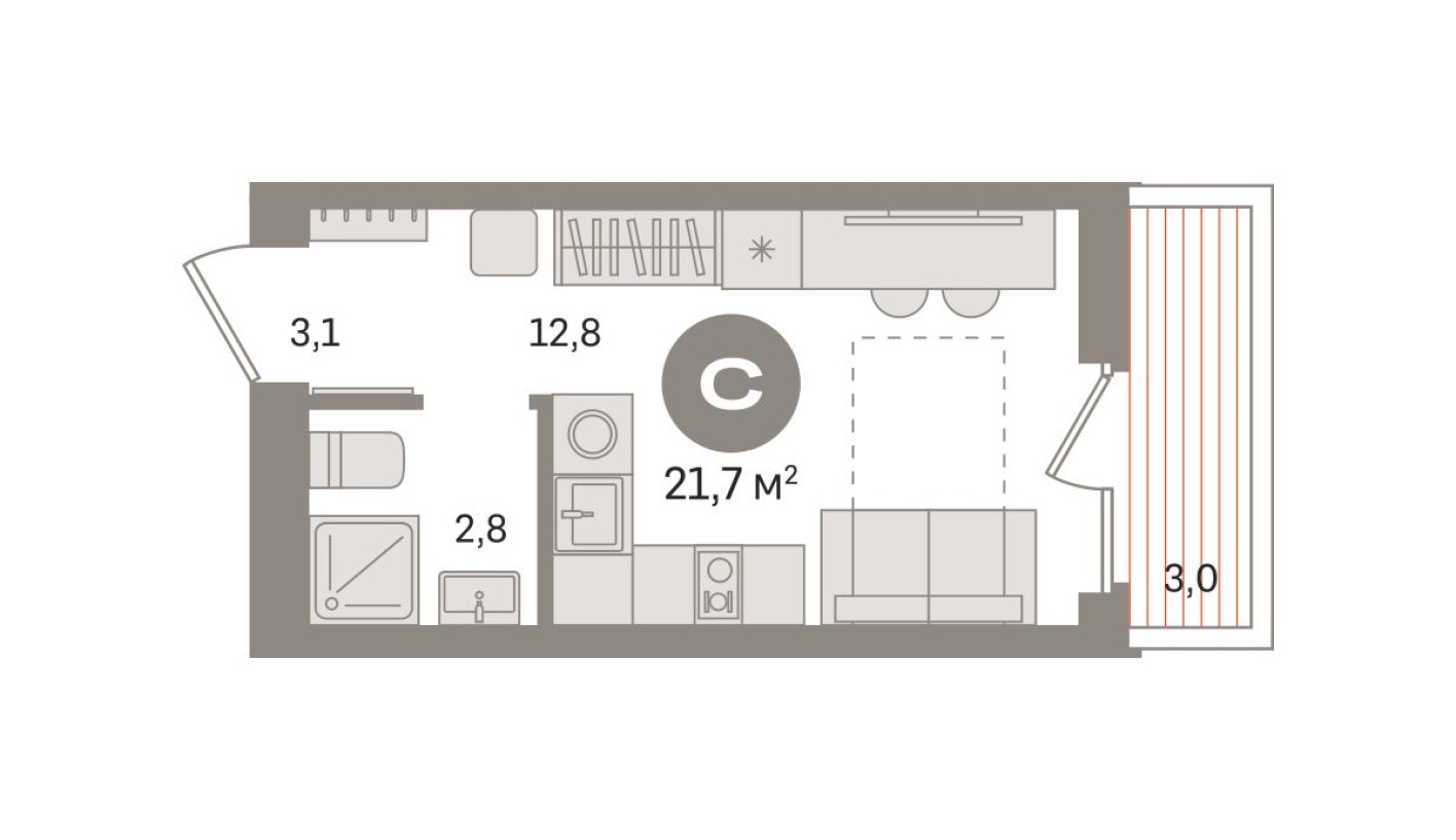 Студия-квартира, 21.7 м²
