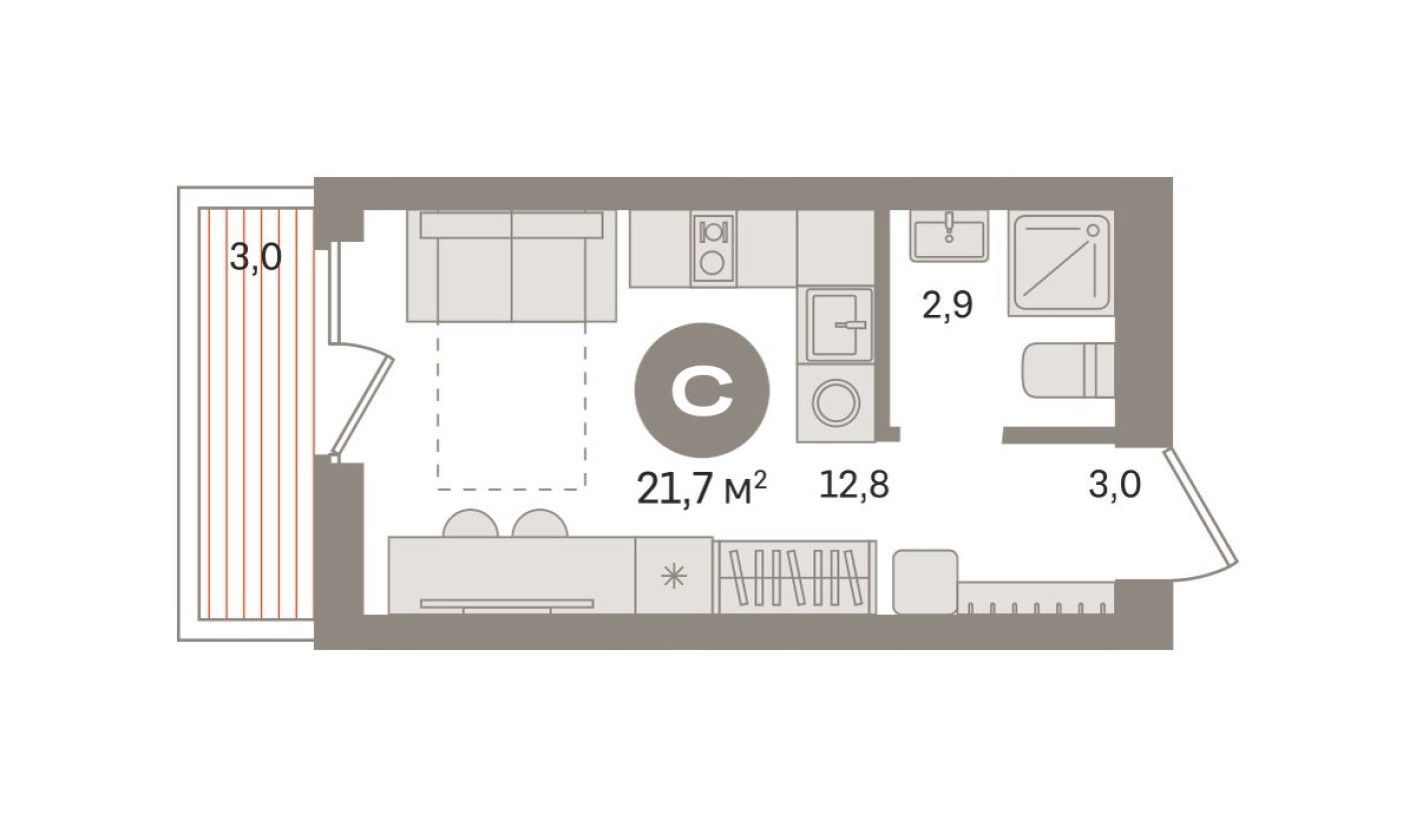 Студия-квартира, 21.7 м²