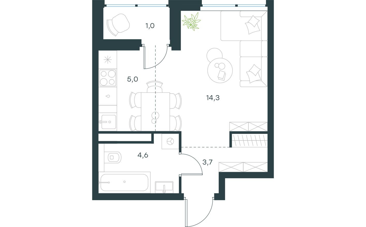 Планировка — Студия-квартира, 28.6 м²