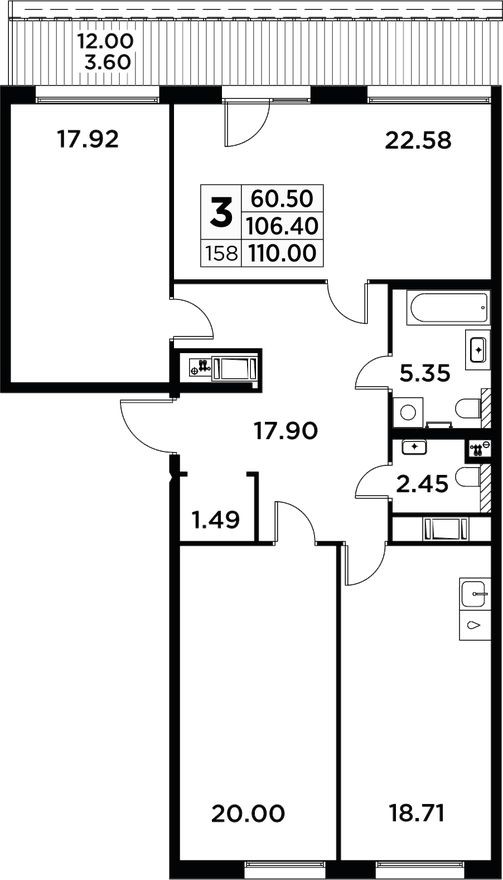 3к. квартира, 111.2 м²