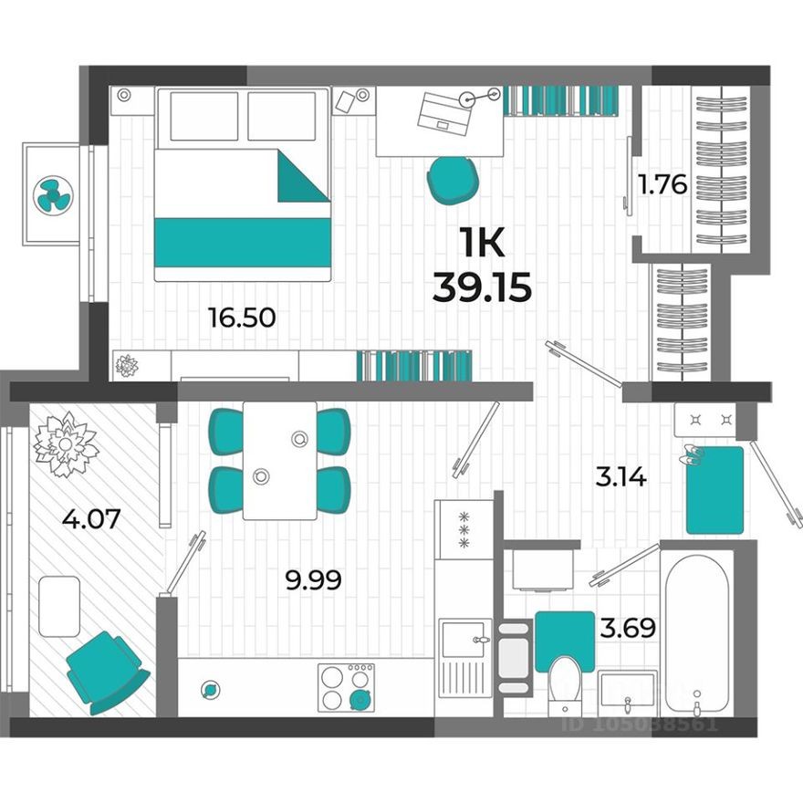1к. квартира, 39.2 м²