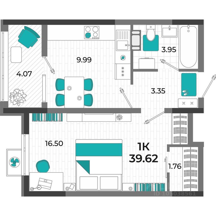 1к. квартира, 39.6 м²