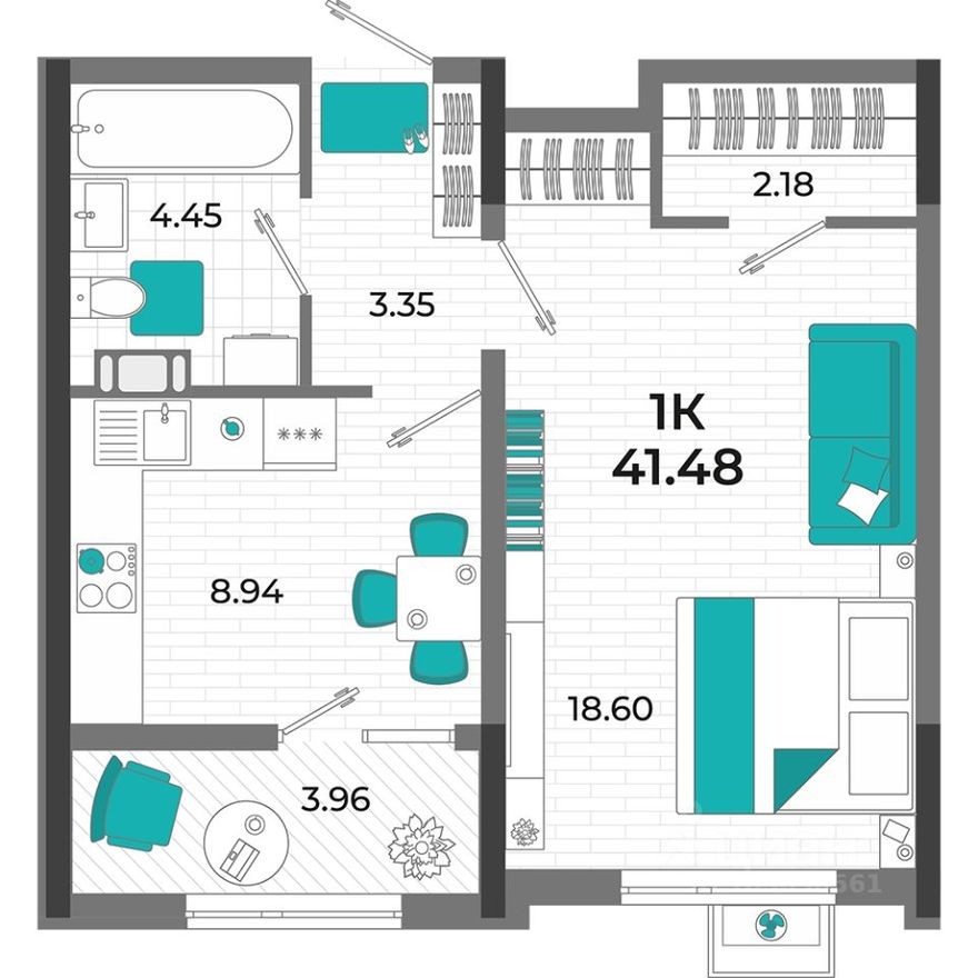 1к. квартира, 41.5 м²