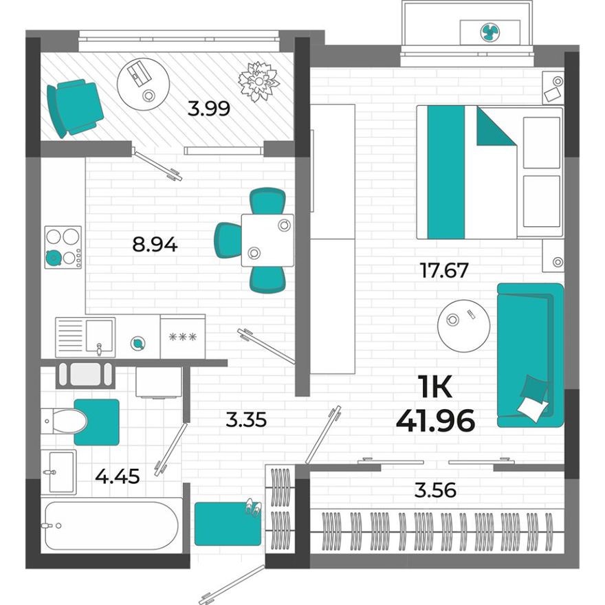 1к. квартира, 42.0 м²