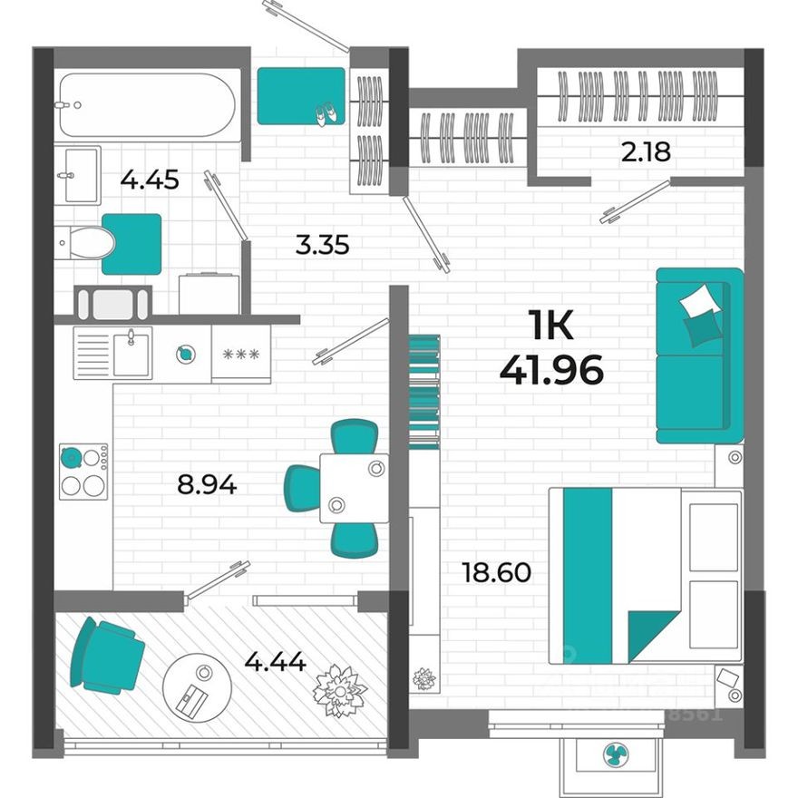 1к. квартира, 42.0 м²