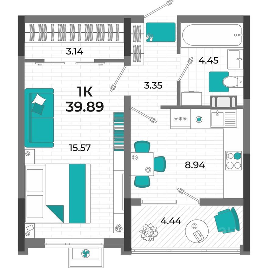 1к. квартира, 39.9 м²