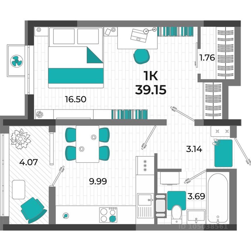 1к. квартира, 39.2 м²