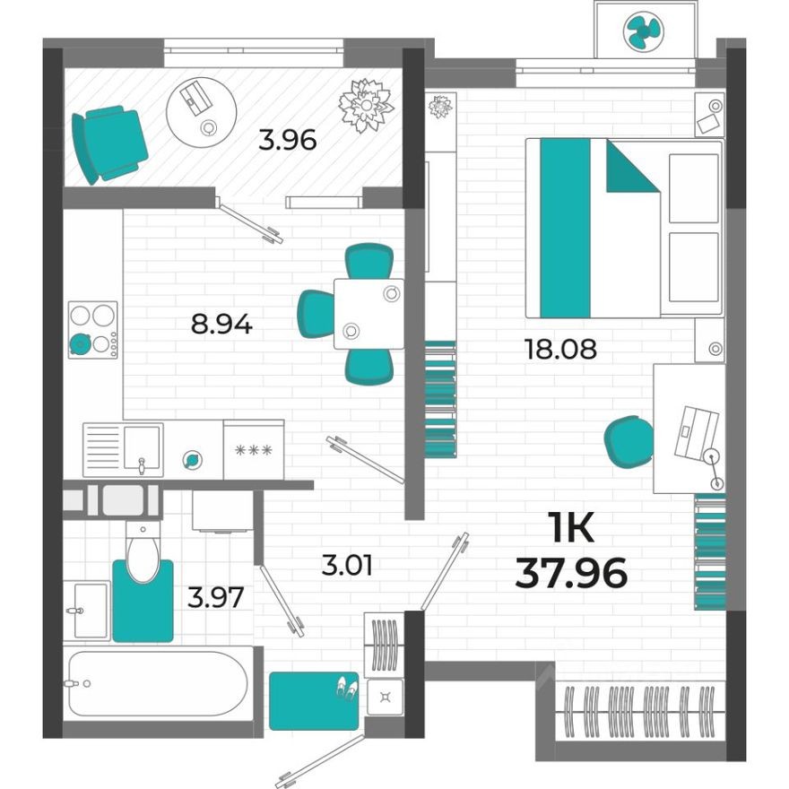 1к. квартира, 38.0 м²