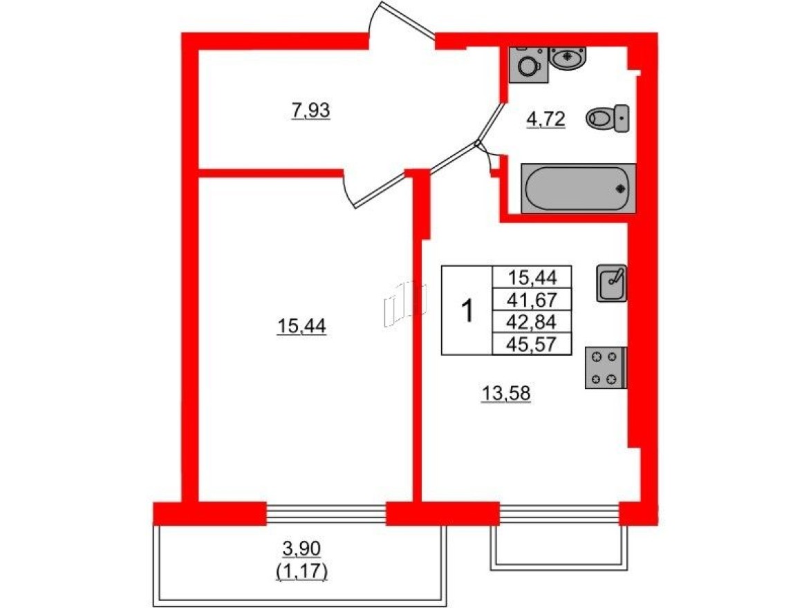 1к. квартира, 42.8 м²