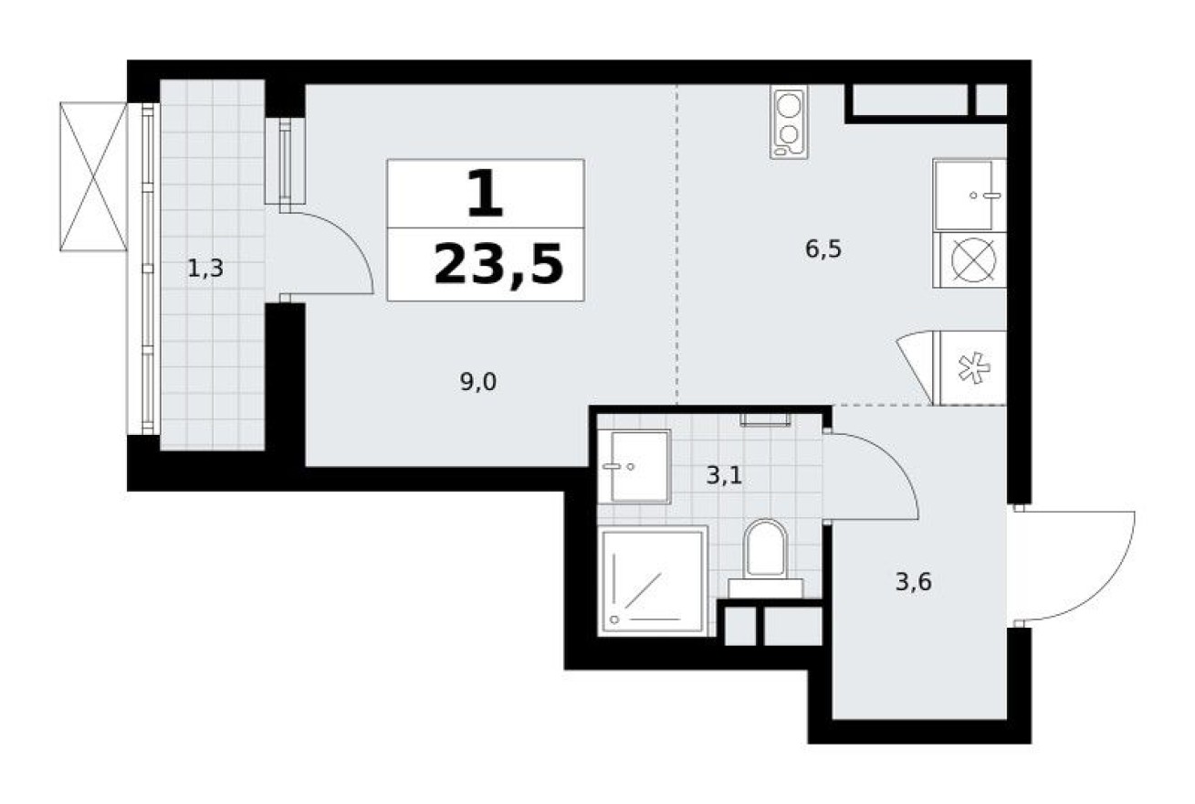 Студия-квартира, 23.5 м²