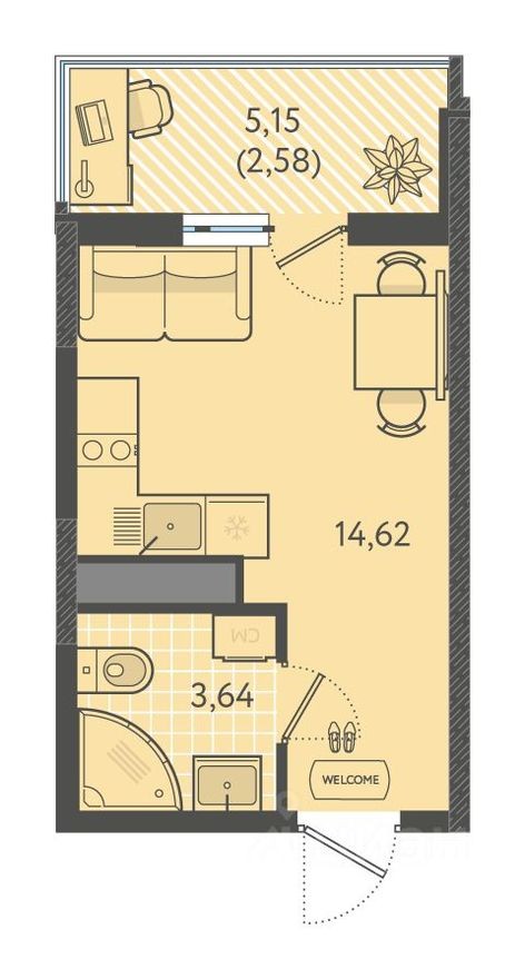 1к. квартира, 20.9 м²