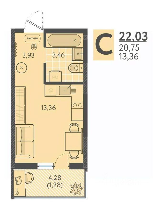 1к. квартира, 21.5 м²