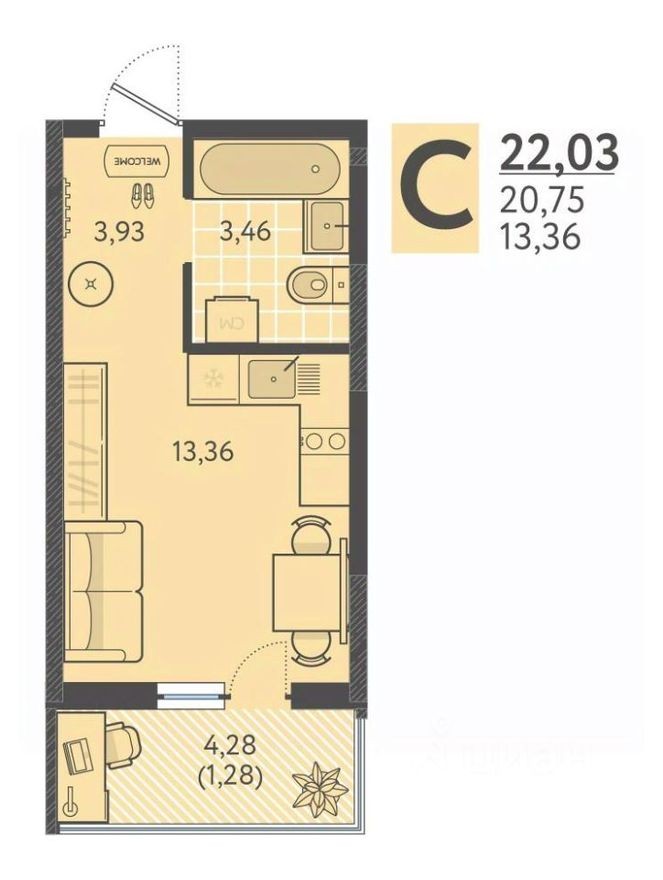 1к. квартира, 21.5 м²