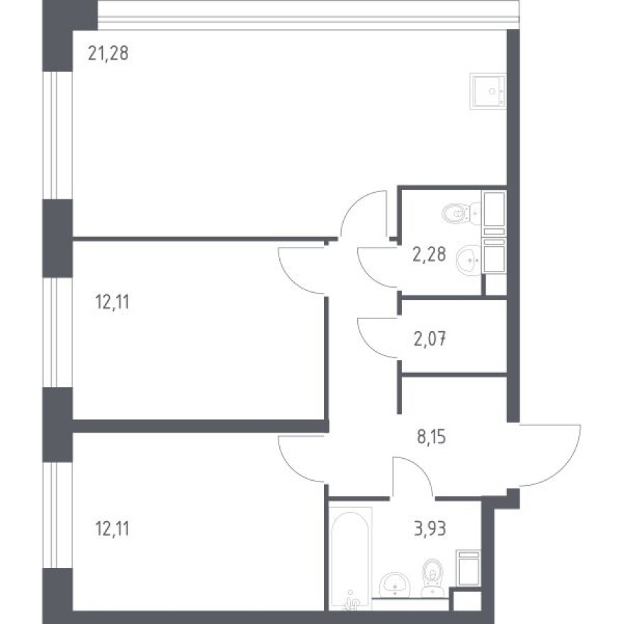 2к. апартаменты, 61.2 м²