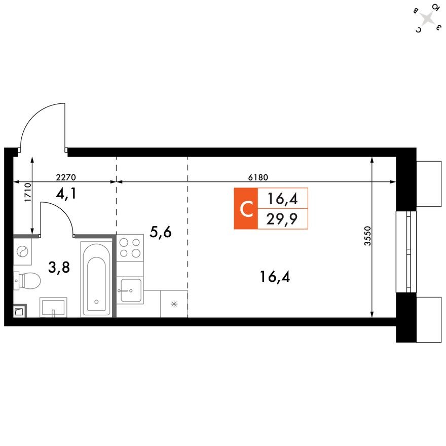 Студия-квартира, 29.9 м²