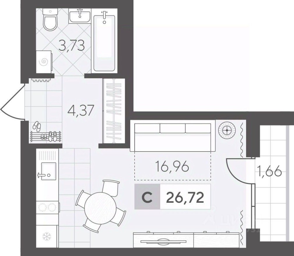 1к. квартира, 26.7 м²