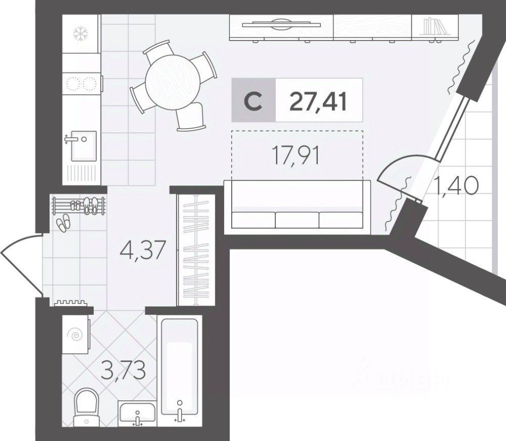 1к. квартира, 27.4 м²