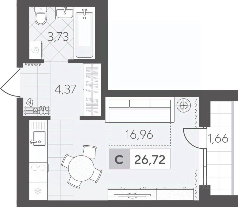 1к. квартира, 26.7 м²