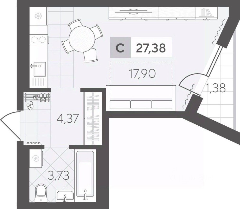 1к. квартира, 27.4 м²