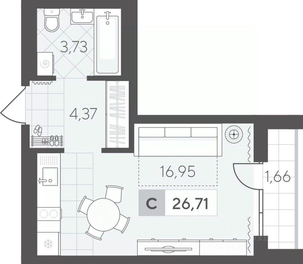 1к. квартира, 26.7 м²