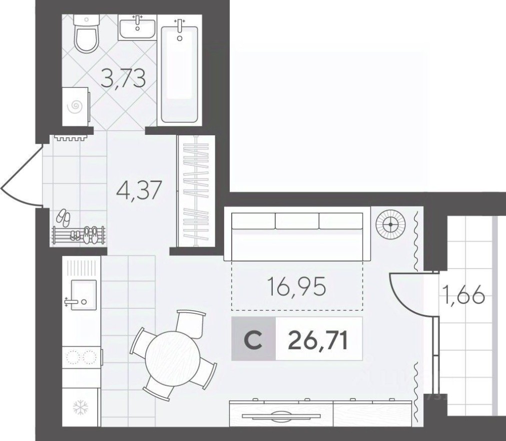 1к. квартира, 26.7 м²