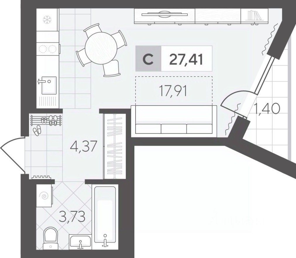 1к. квартира, 27.4 м²
