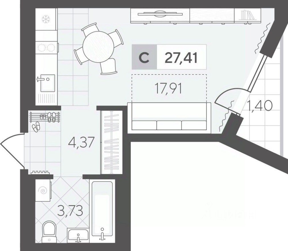 1к. квартира, 27.4 м²