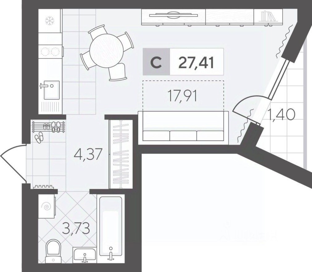 1к. квартира, 27.4 м²