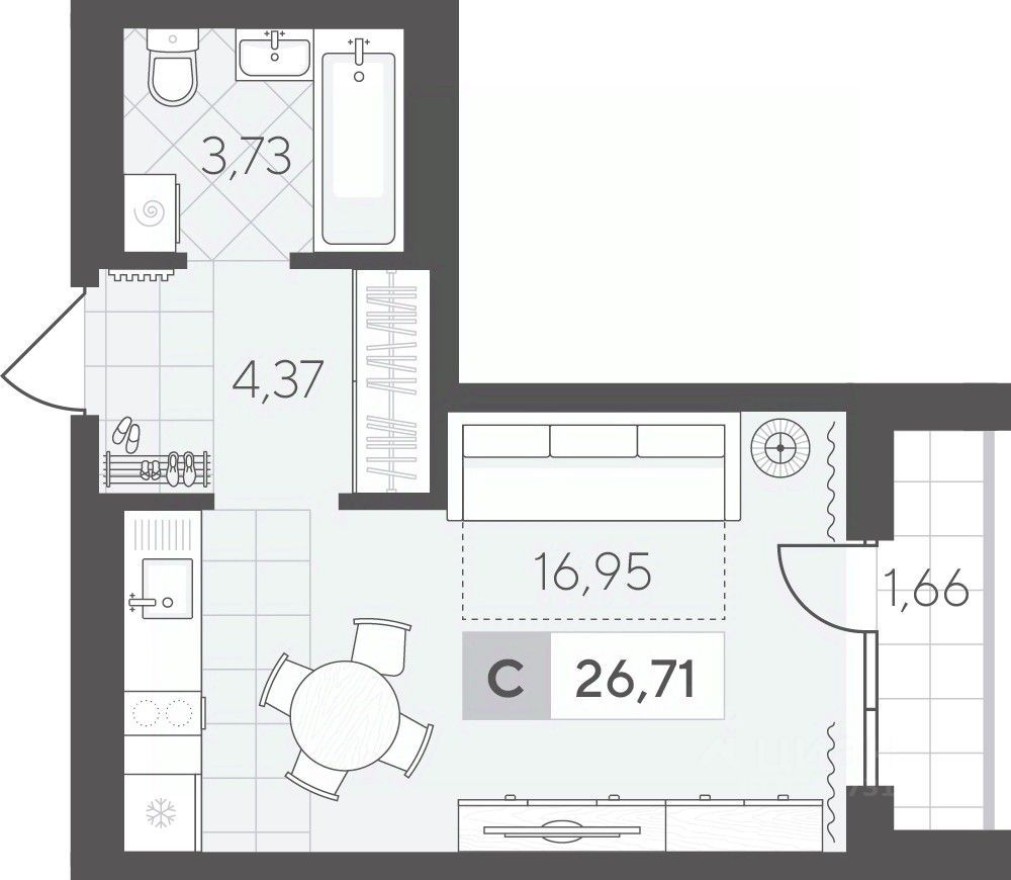 1к. квартира, 26.7 м²