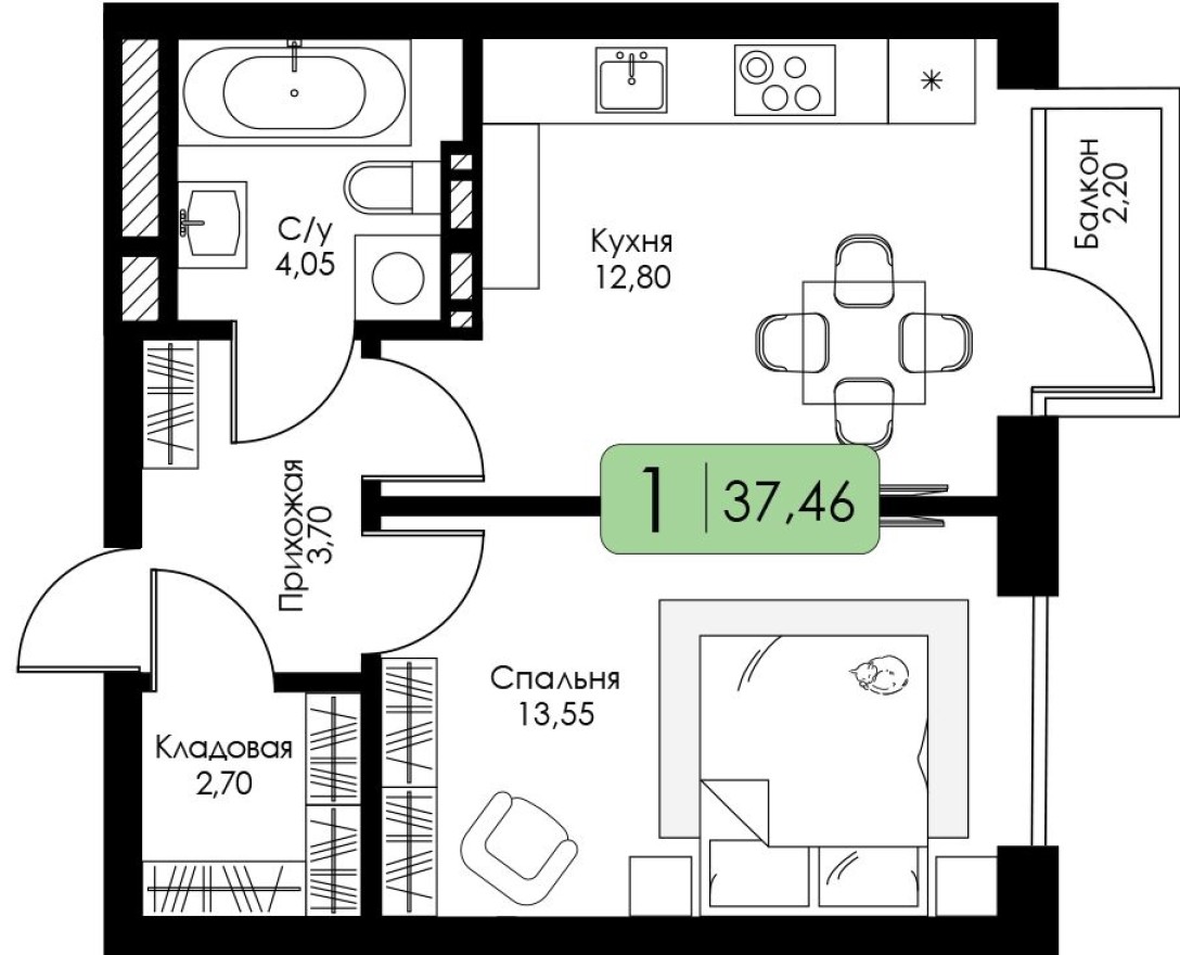 1к. квартира, 38.3 м²