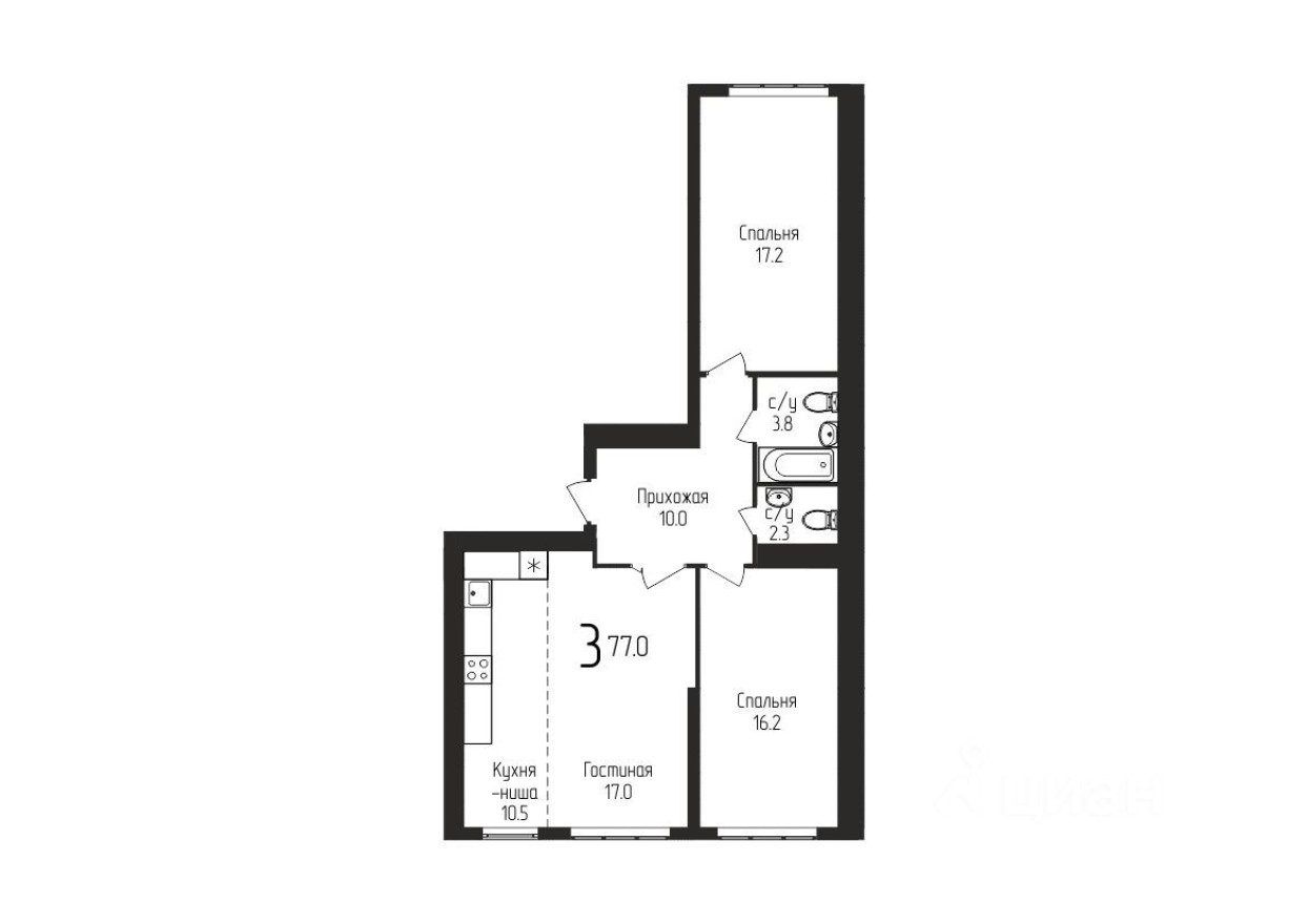 3к. квартира, 77.0 м²