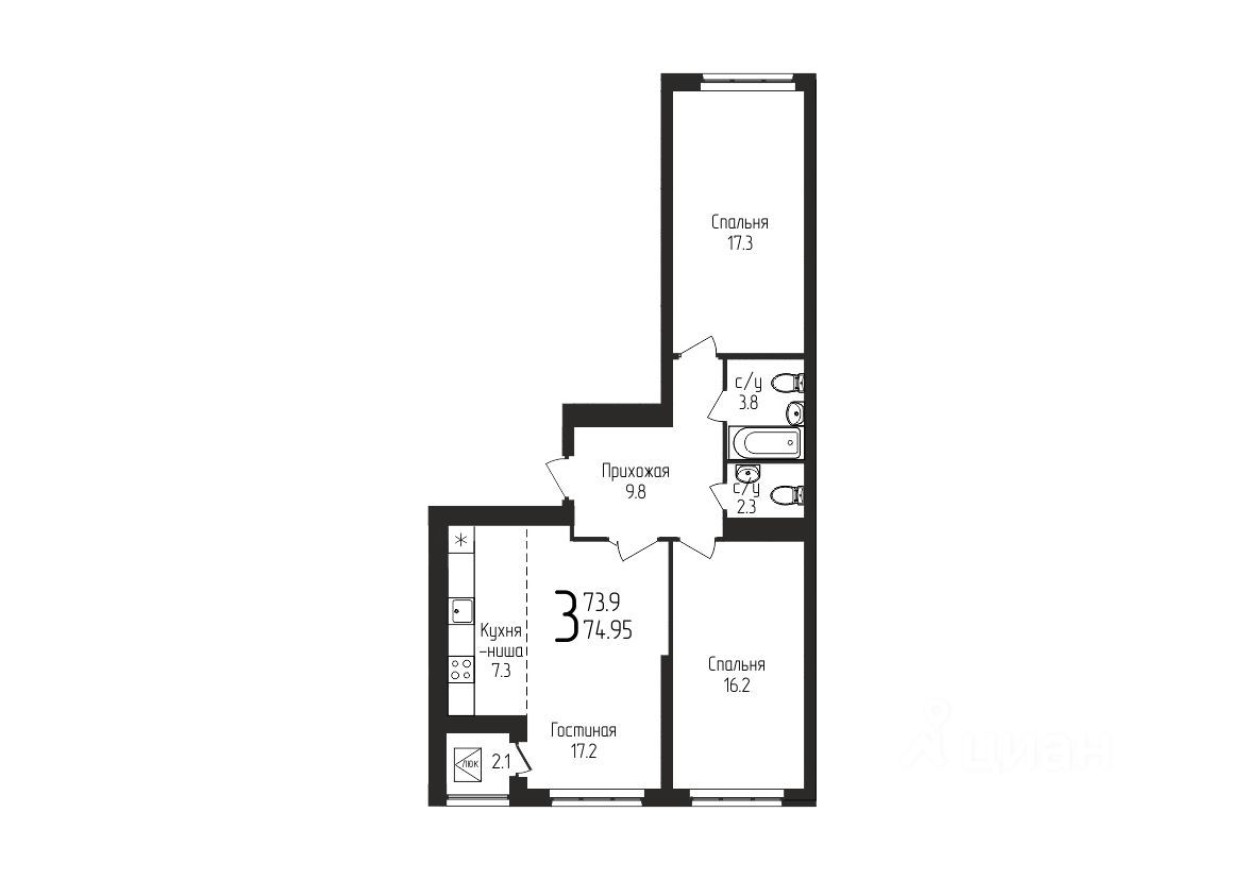 3к. квартира, 75.0 м²