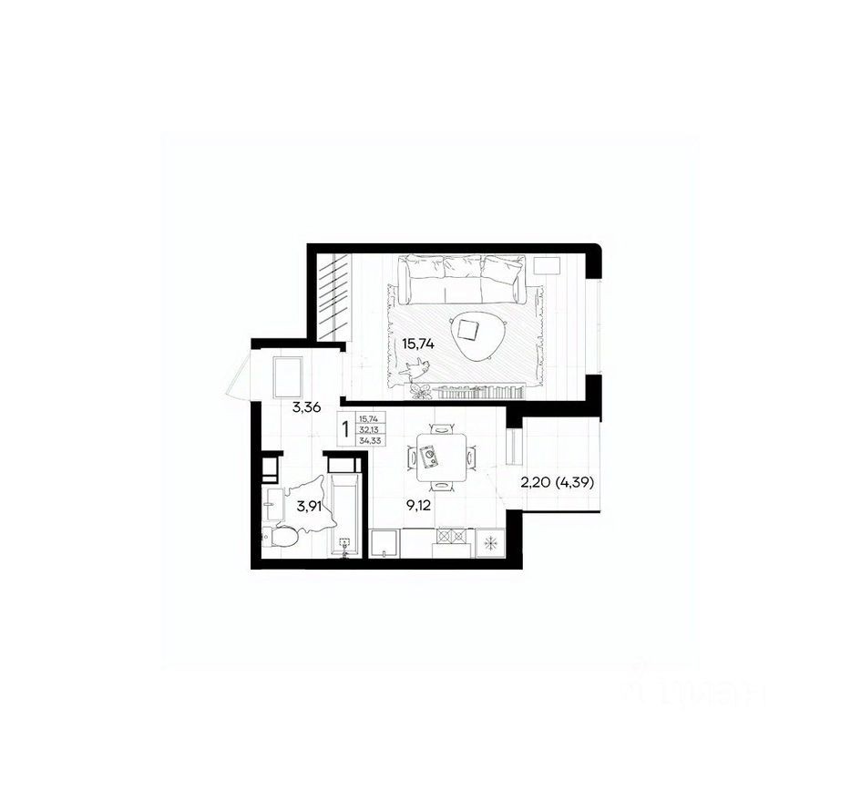 1к. квартира, 34.3 м²