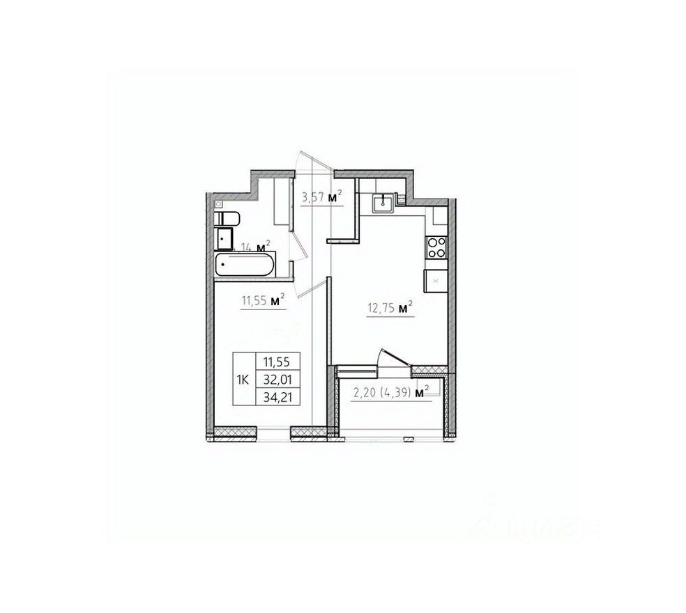 1к. квартира, 34.2 м²